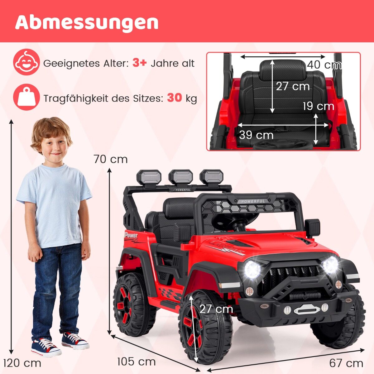Laste elektriauto 2,4 G puldi ja USB ning tulede ja muusikaga, 12 V lasteauto, punane Jeep