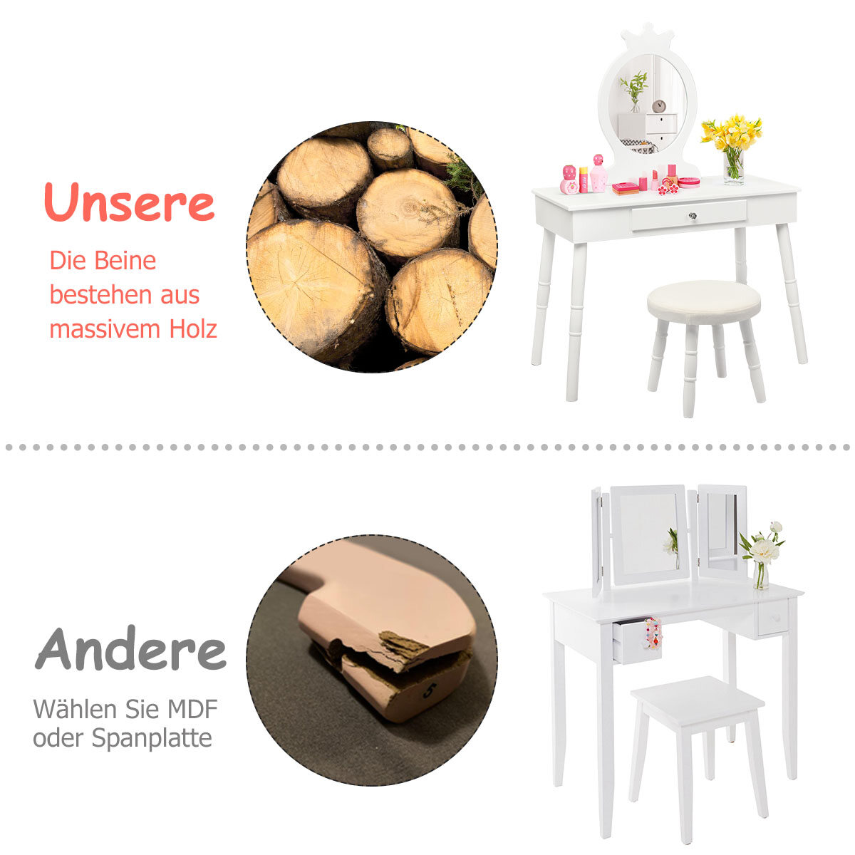 Laste tualettlaud, meigilaud, taburet ja peegel, tualettlaud, valge