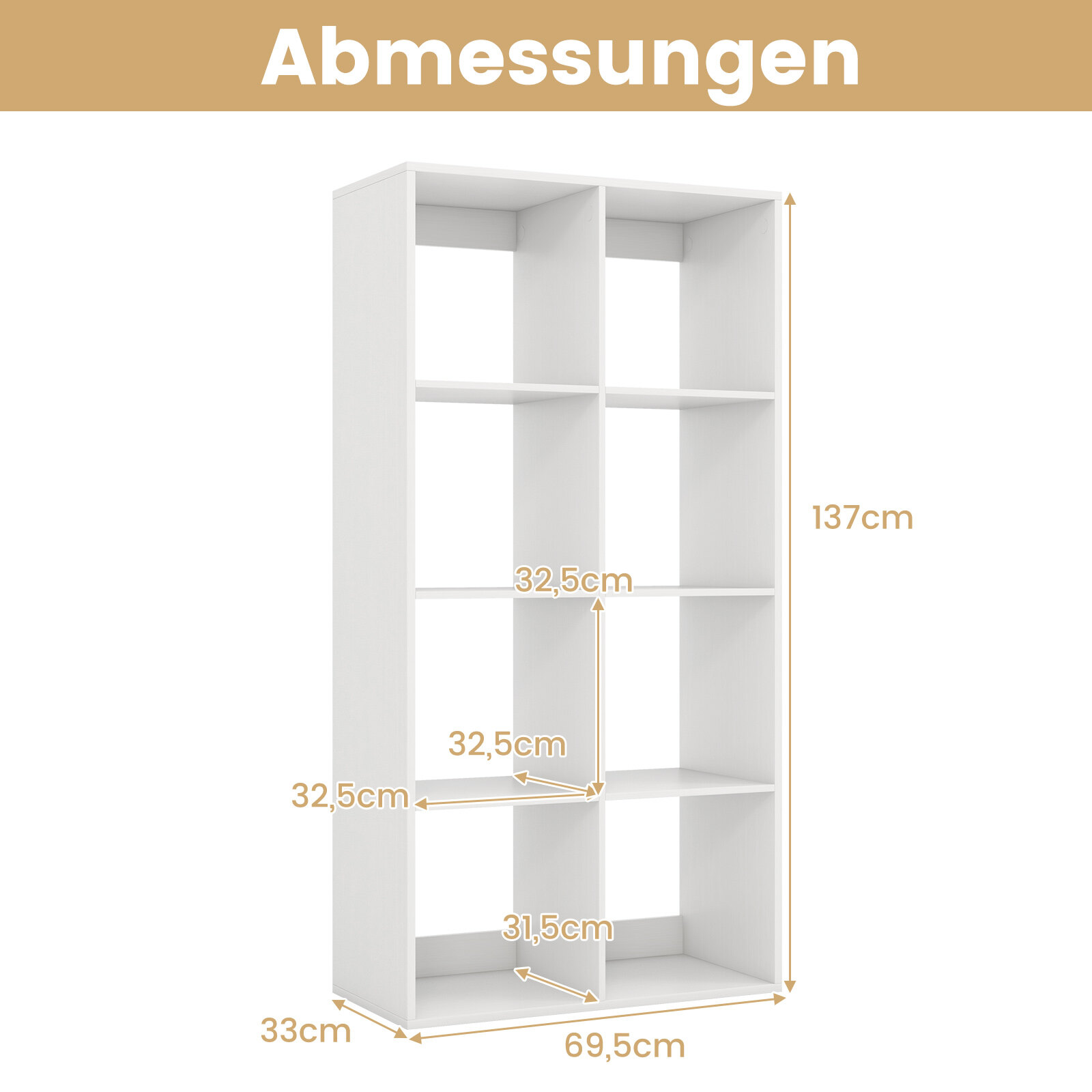 8-kuubiline raamaturiiul, moodne kuubiline riiul tagapaneeli turvapiirde ja ümberminekuvastase komplektiga, 69,5 x 33 x 137 cm, valge
