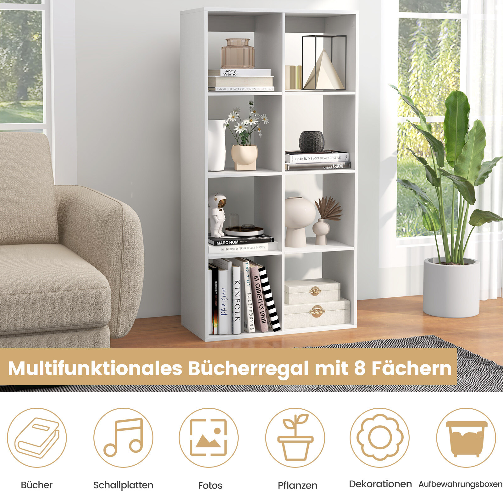 8-kuubiline raamaturiiul, moodne kuubiline riiul tagapaneeli turvapiirde ja ümberminekuvastase komplektiga, 69,5 x 33 x 137 cm, valge
