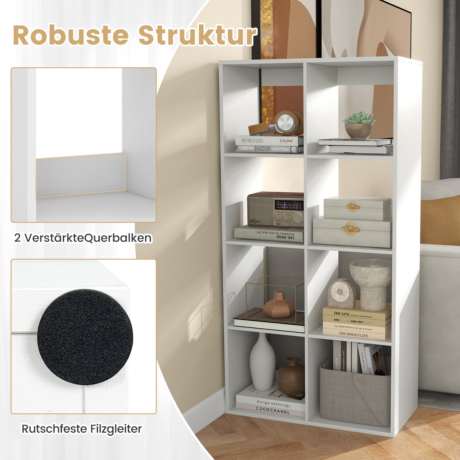 8-kuubiline raamaturiiul, moodne kuubiline riiul tagapaneeli turvapiirde ja ümberminekuvastase komplektiga, 69,5 x 33 x 137 cm, valge