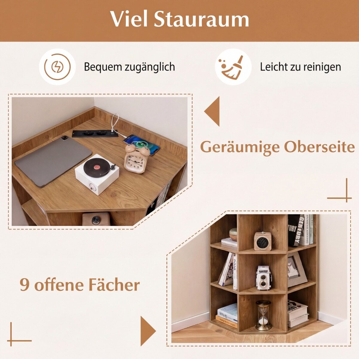 Nurgariiul laadimisjaamaga, nurgariiul 9 sektsiooniga, 2 USB-porti ja 4 pistikupesaga, naturaalne viimistlus