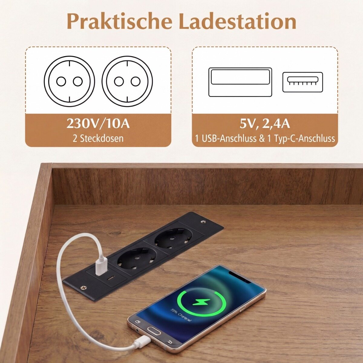 Nurgariiul laadimisjaamaga, nurgariiul 9 sektsiooniga, 2 USB-porti ja 4 pistikupesaga, naturaalne viimistlus