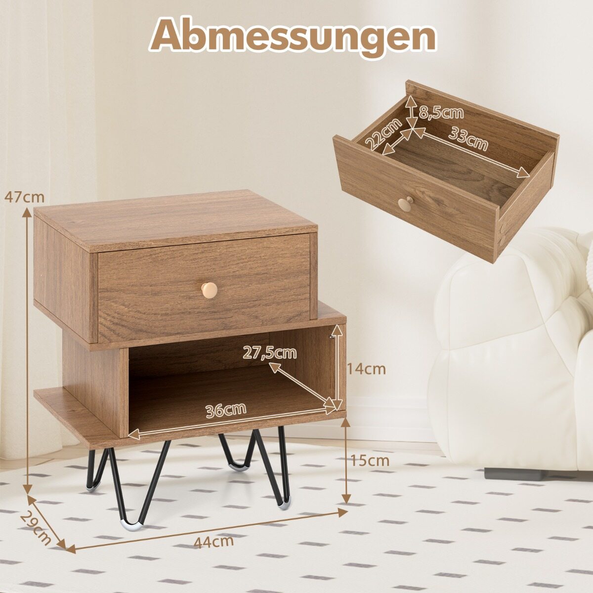 Mid Century Modern End Tables Set of 2 with Removable Drawer-Natural