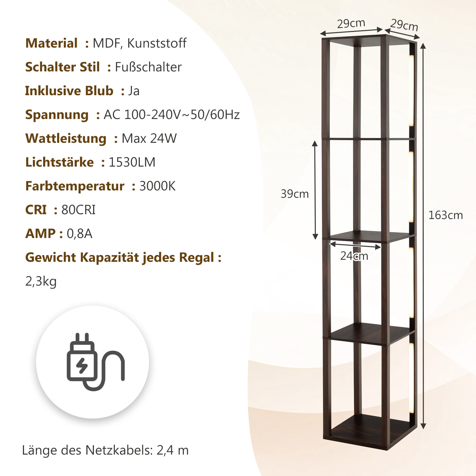 163 cm põrandalamp-riiul, moodne põrandalamp-panipaik, 3-astmeliselt hämardatavate LED-tuledega, pruun