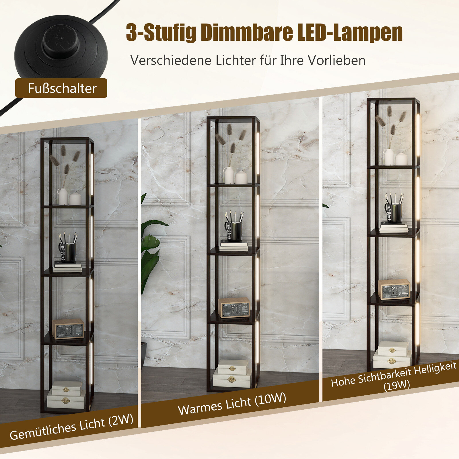 163 cm põrandalamp-riiul, moodne põrandalamp-panipaik, 3-astmeliselt hämardatavate LED-tuledega, pruun