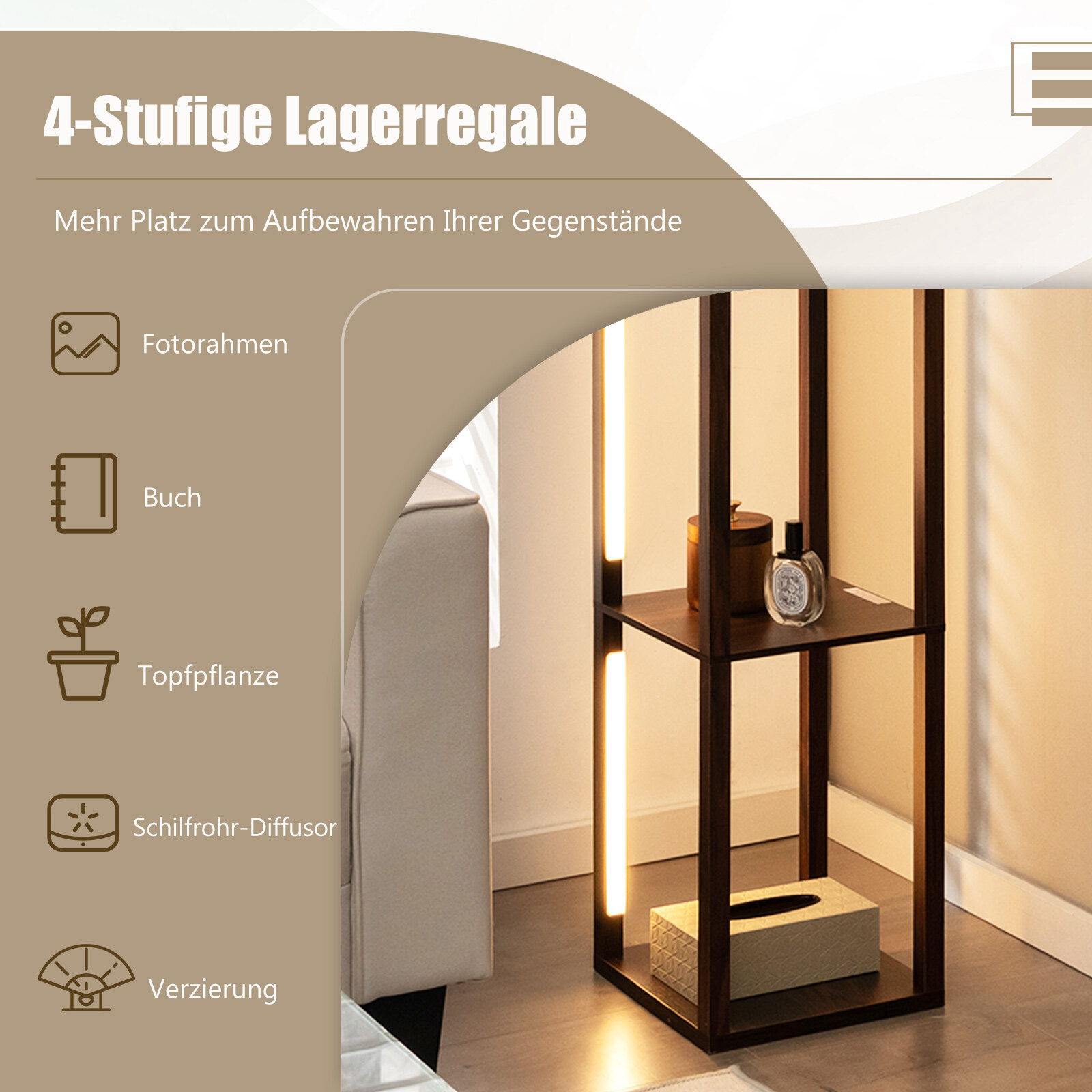 163 cm põrandalamp-riiul, moodne põrandalamp-panipaik, 3-astmeliselt hämardatavate LED-tuledega, pruun
