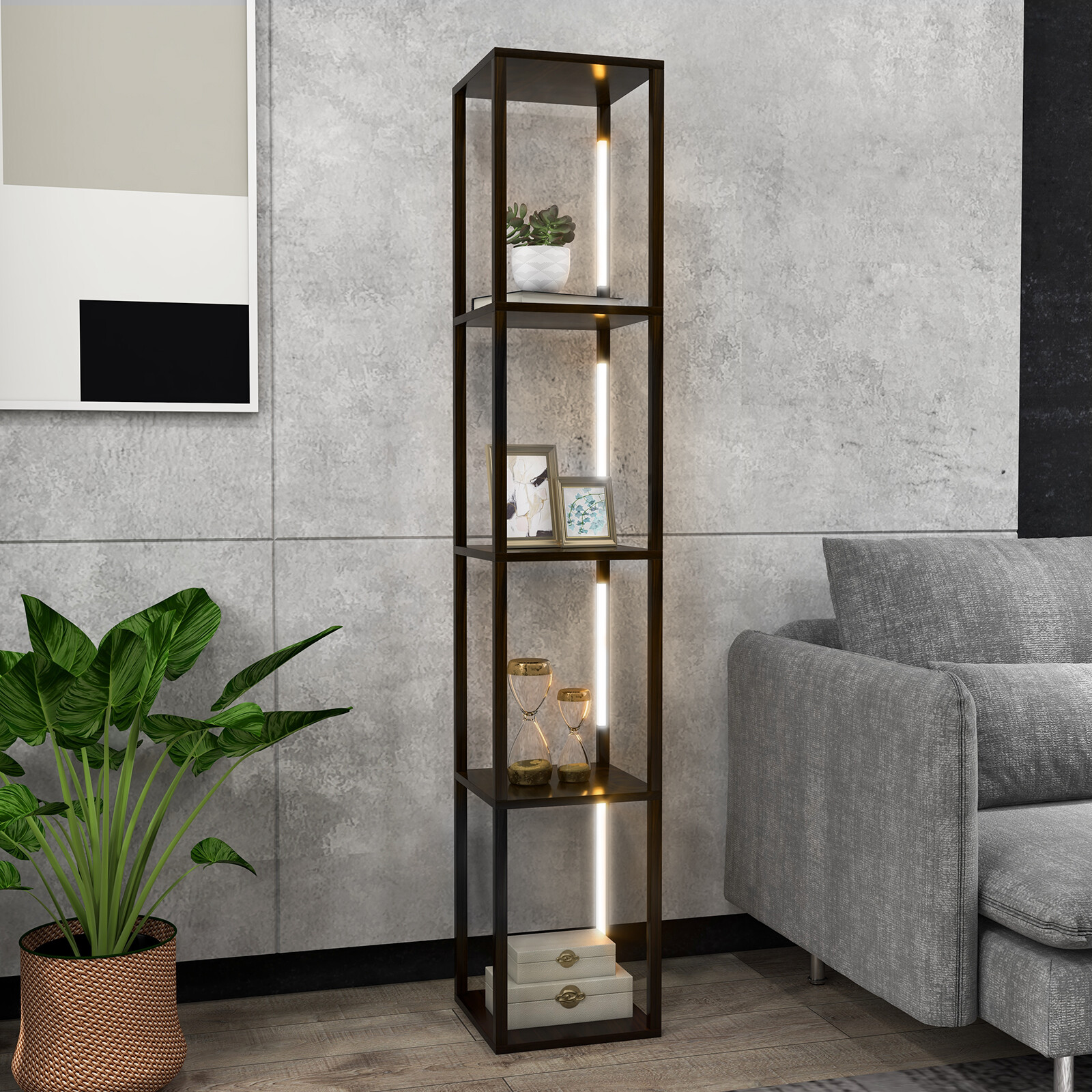 163 cm põrandalamp-riiul, moodne põrandalamp-panipaik, 3-astmeliselt hämardatavate LED-tuledega, pruun