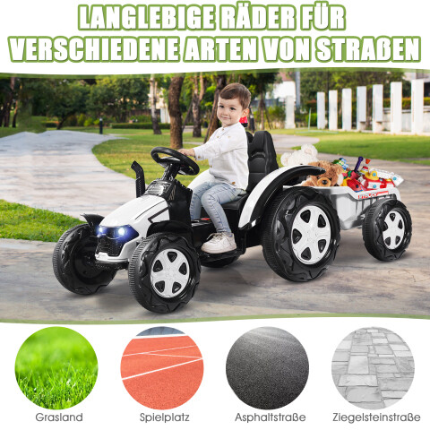 Mängutraktor haagisega lastele 12 V pealeistutav traktor 151 x 68 x 70 cm valge