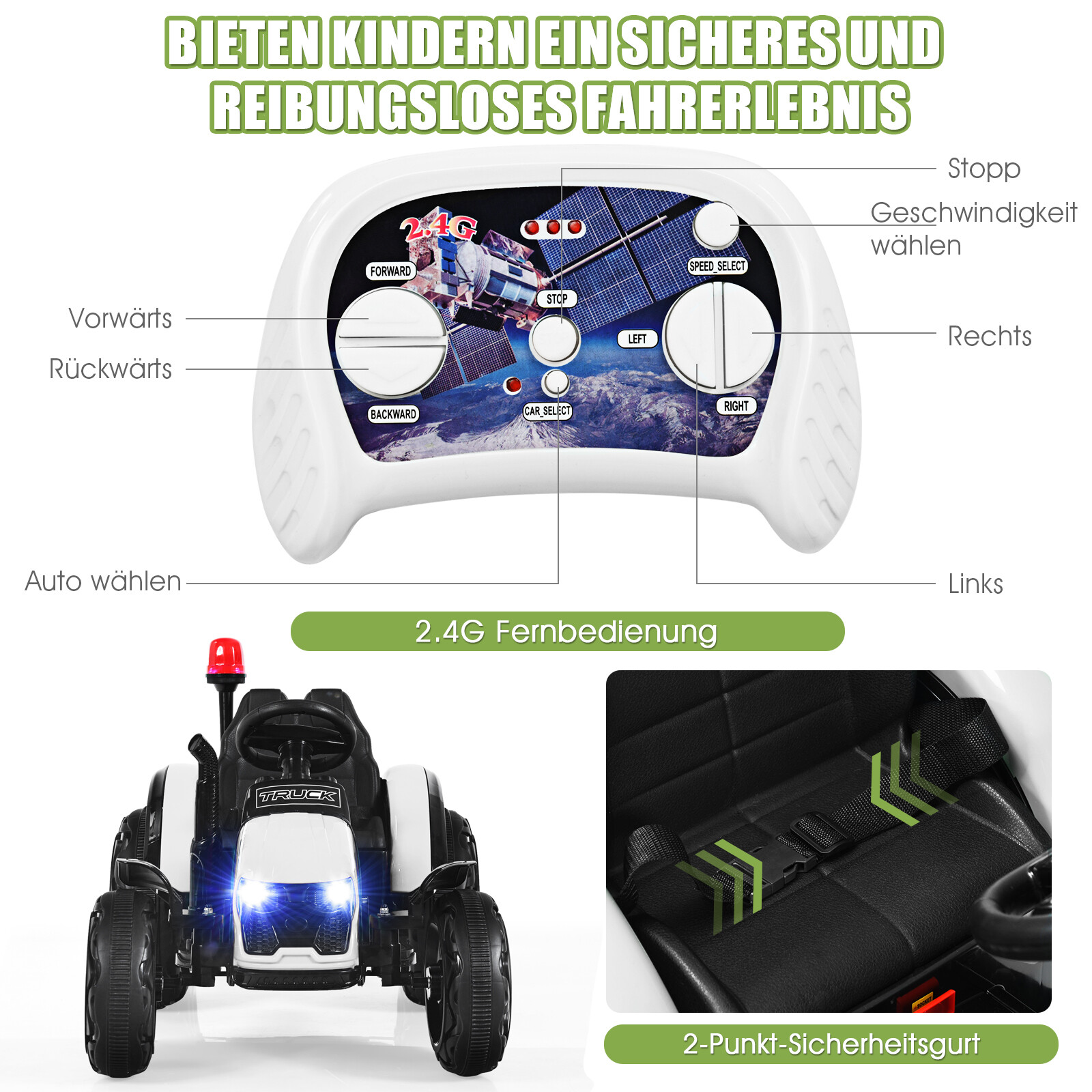 Mängutraktor haagisega lastele 12 V pealeistutav traktor 151 x 68 x 70 cm valge