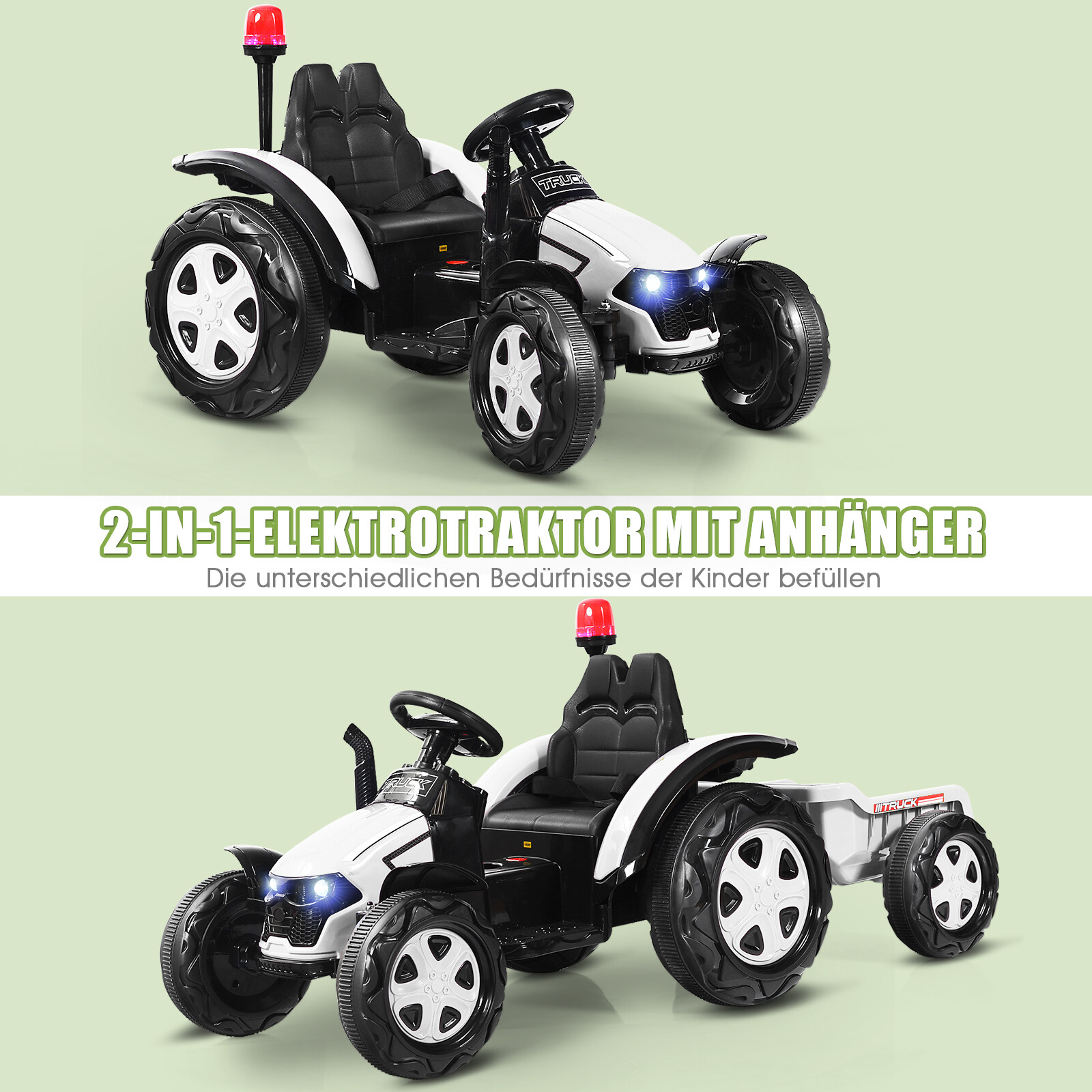 Mängutraktor haagisega lastele 12 V pealeistutav traktor 151 x 68 x 70 cm valge