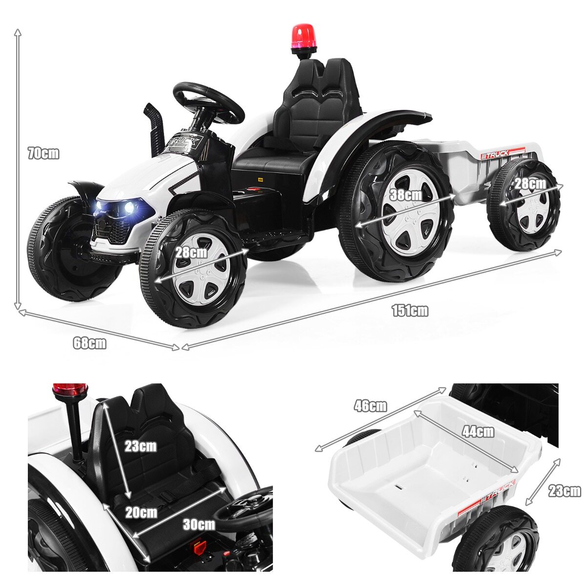 Mängutraktor haagisega lastele 12 V pealeistutav traktor 151 x 68 x 70 cm valge