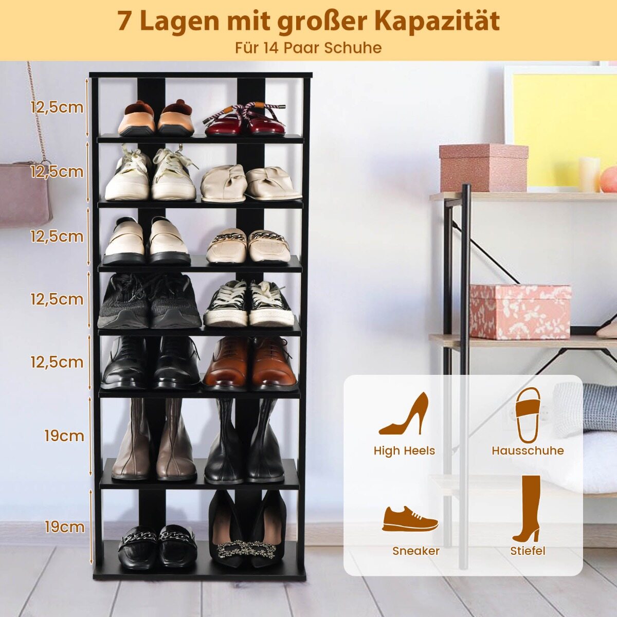 Kõrguse reguleeritav 8-realine puidust kingariiul, eraldiseisev nurgariiul, pruun