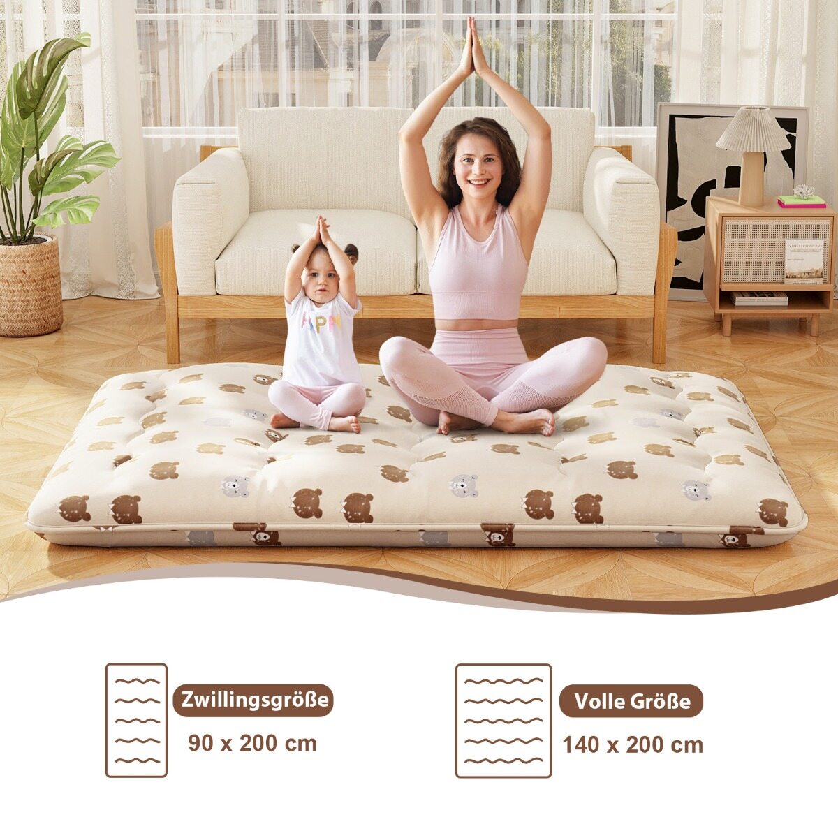 140 x 200 cm Jaapani futon madrats pestava kattega ja kandekotiga, tatami matt, pruun karu