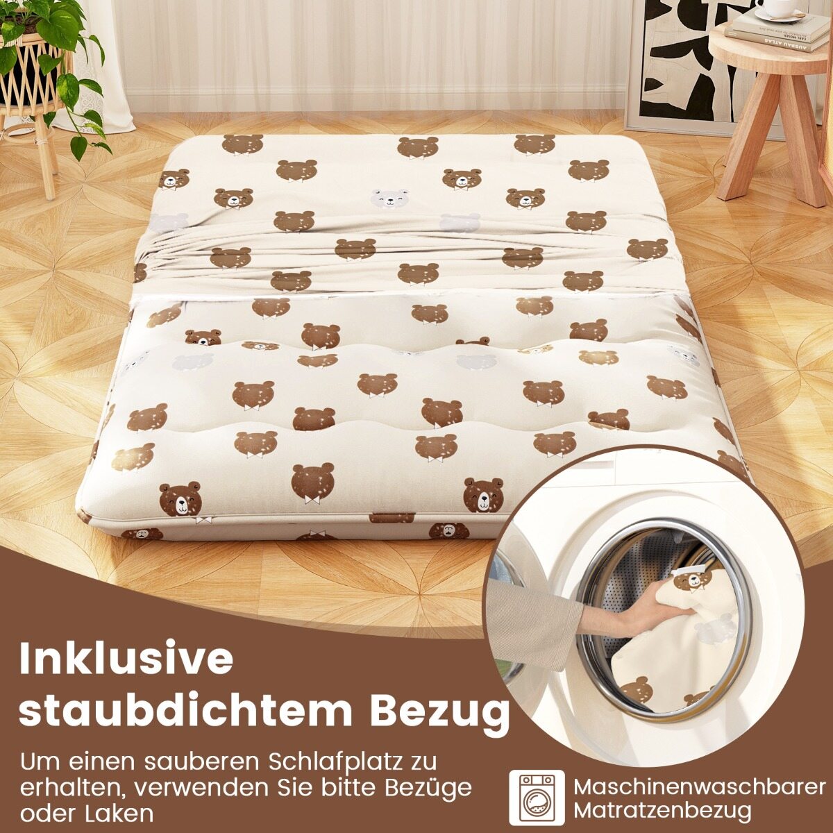 140 x 200 cm Jaapani futon madrats pestava kattega ja kandekotiga, tatami matt, pruun karu