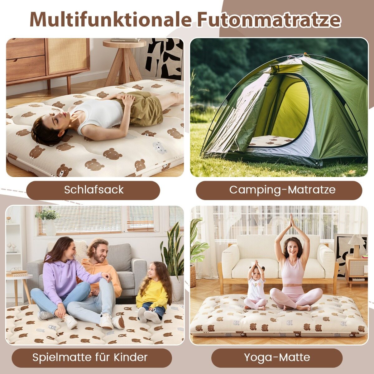 140 x 200 cm Jaapani futon madrats pestava kattega ja kandekotiga, tatami matt, pruun karu