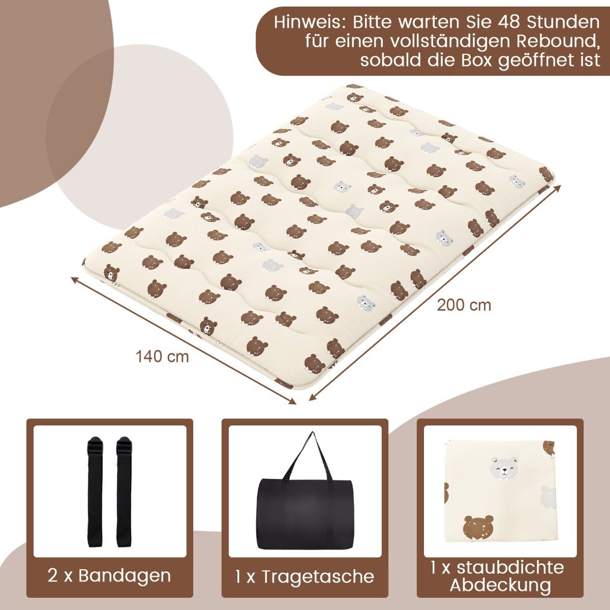 140 x 200 cm Jaapani futon madrats pestava kattega ja kandekotiga, tatami matt, pruun karu