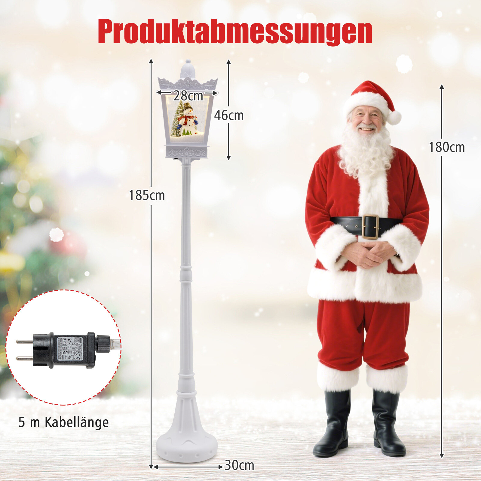 185 cm muusikaline jõulutänavalamp soojade valgete LED-tulede ja lumeefektidega, valge