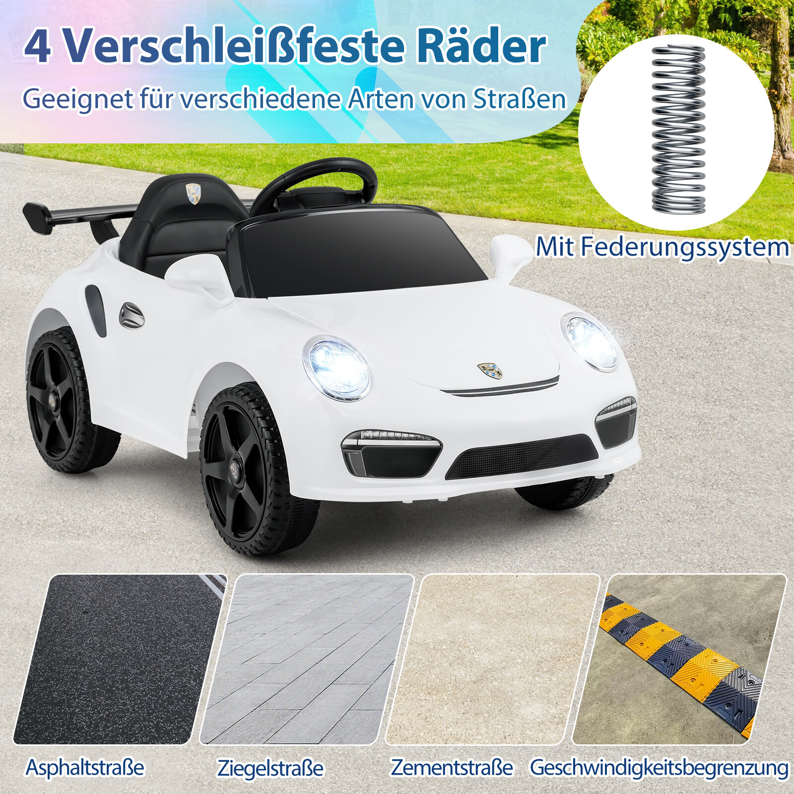12 V laste elektriauto puldi ja pehme käivitusega, litsentseeritud Porsche elektriauto, valge