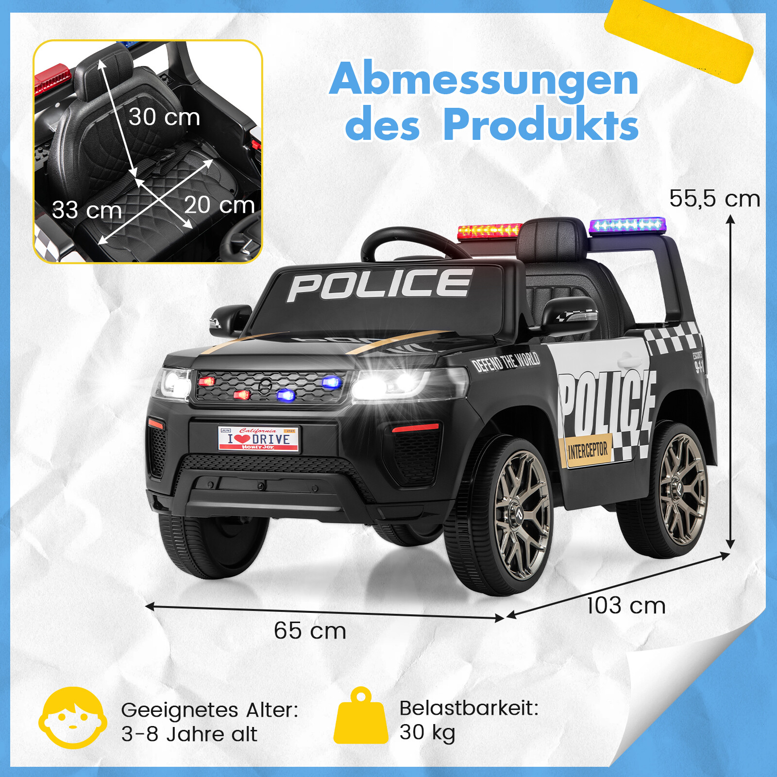 Laste politseiauto 12 V toitega politseiauto puldiga, juhtmevaba ühendusega, muusika, signaali, sireeni ja LED vilkuvate tuledega, must