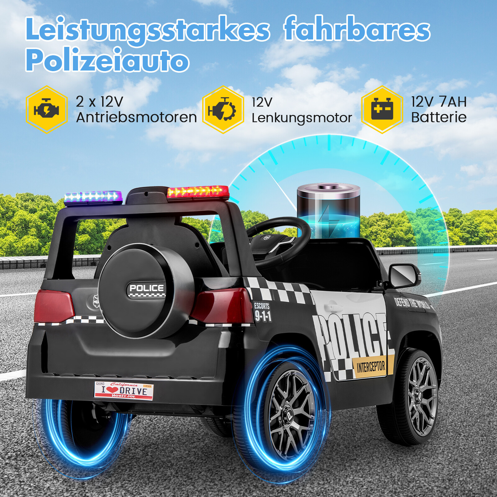Laste politseiauto 12 V toitega politseiauto puldiga, juhtmevaba ühendusega, muusika, signaali, sireeni ja LED vilkuvate tuledega, must