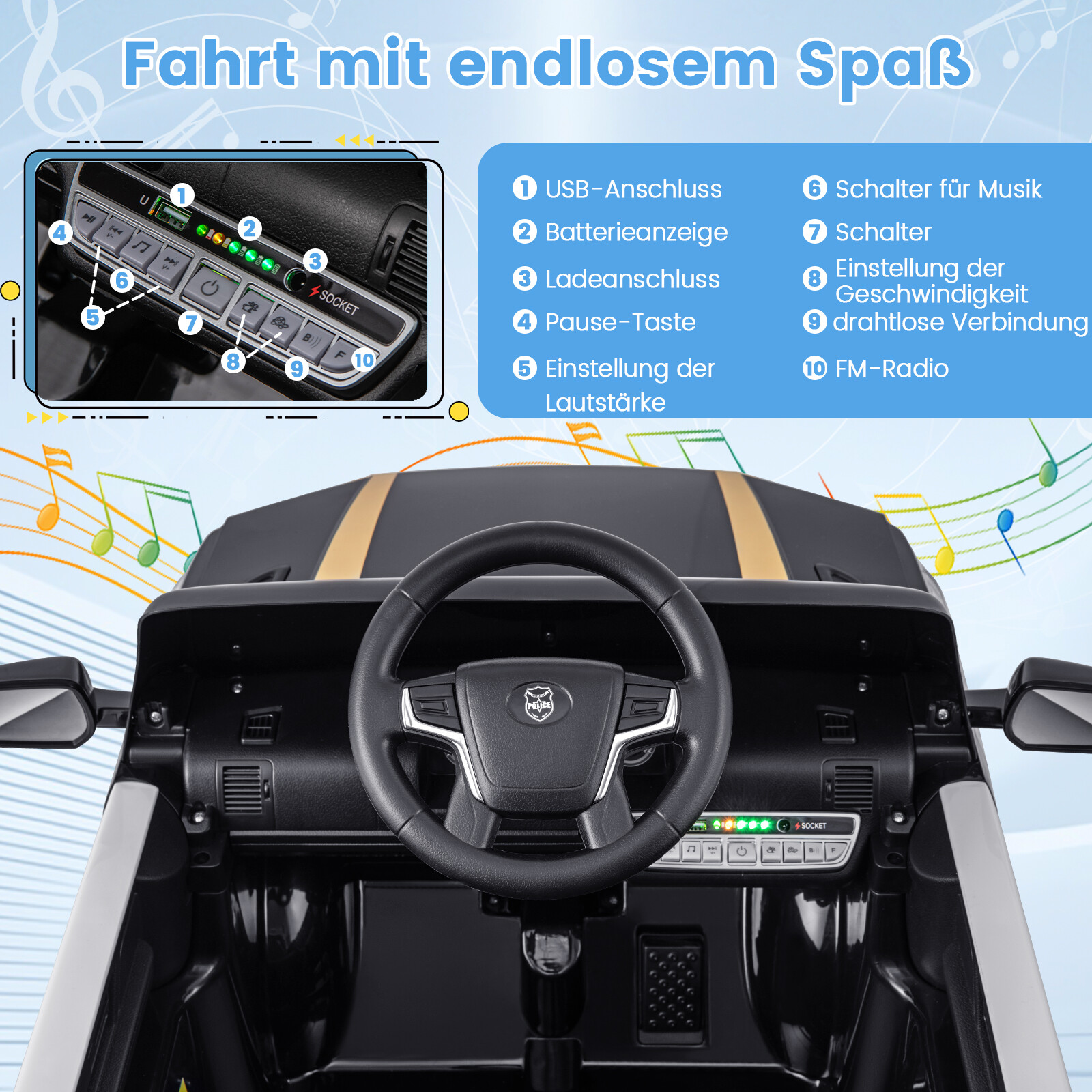 Laste politseiauto 12 V toitega politseiauto puldiga, juhtmevaba ühendusega, muusika, signaali, sireeni ja LED vilkuvate tuledega, must