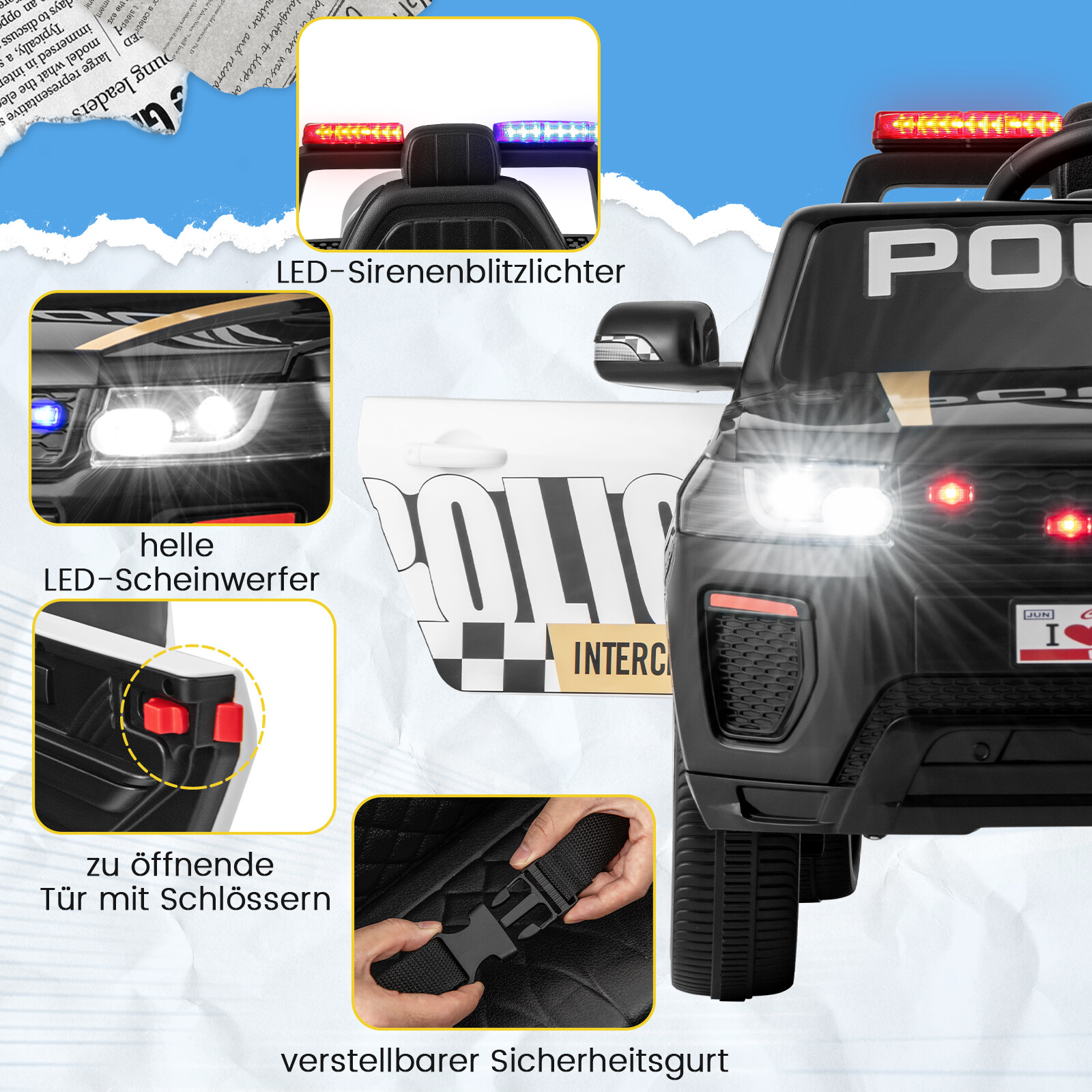 Laste politseiauto 12 V toitega politseiauto puldiga, juhtmevaba ühendusega, muusika, signaali, sireeni ja LED vilkuvate tuledega, must
