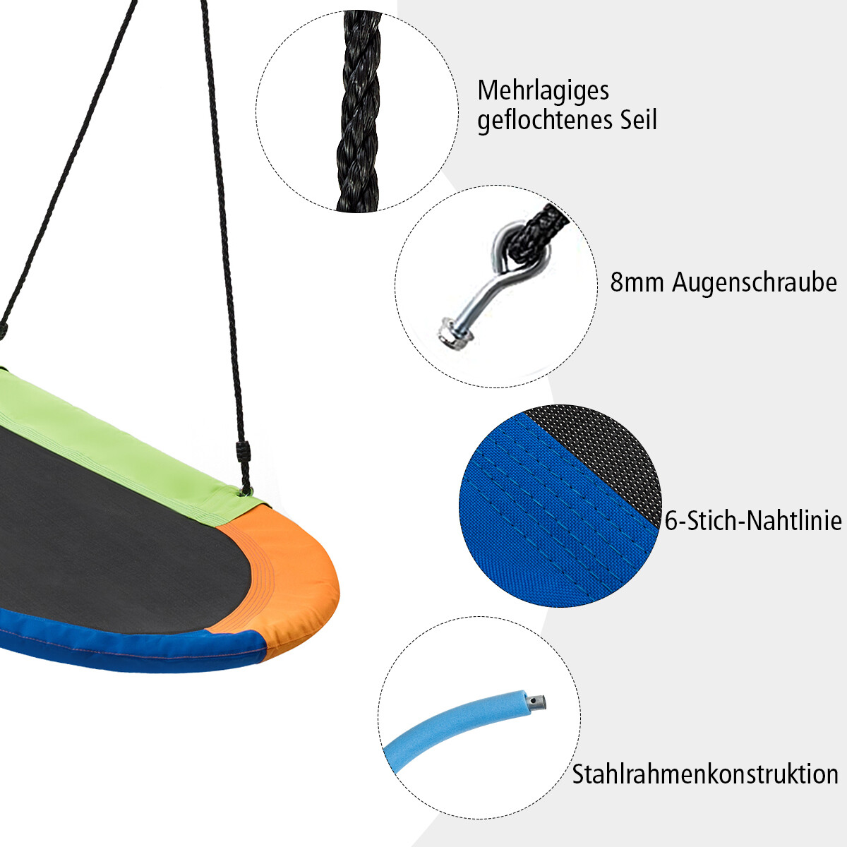 Ovaalne pesakiik plaadikiiguga, millel on 100–180 cm kõrguselt reguleeritav köis sise- ja välistingimustes kasutamiseks, 150 x 80 cm, värviline