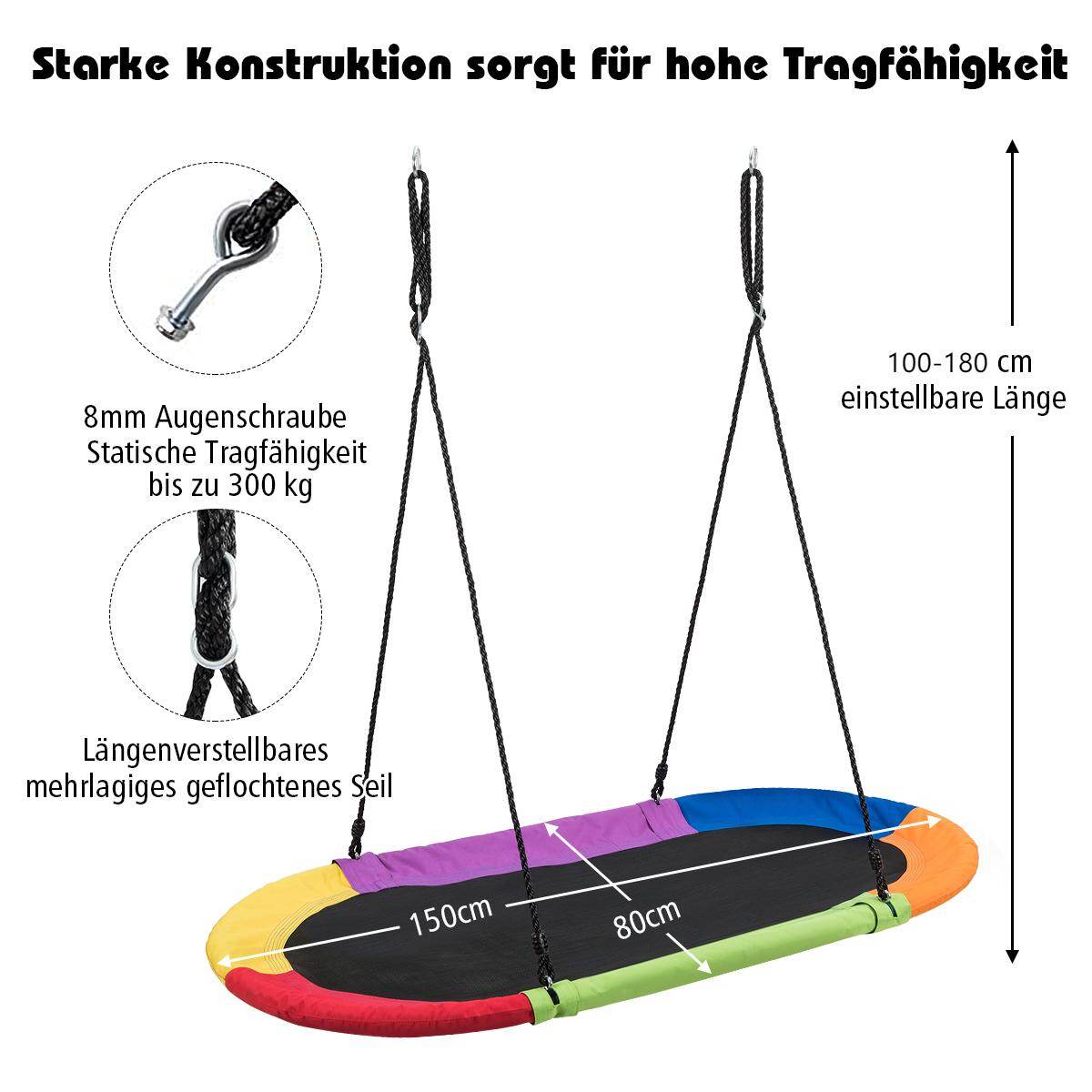 Ovaalne pesakiik plaadikiiguga, millel on 100–180 cm kõrguselt reguleeritav köis sise- ja välistingimustes kasutamiseks, 150 x 80 cm, värviline