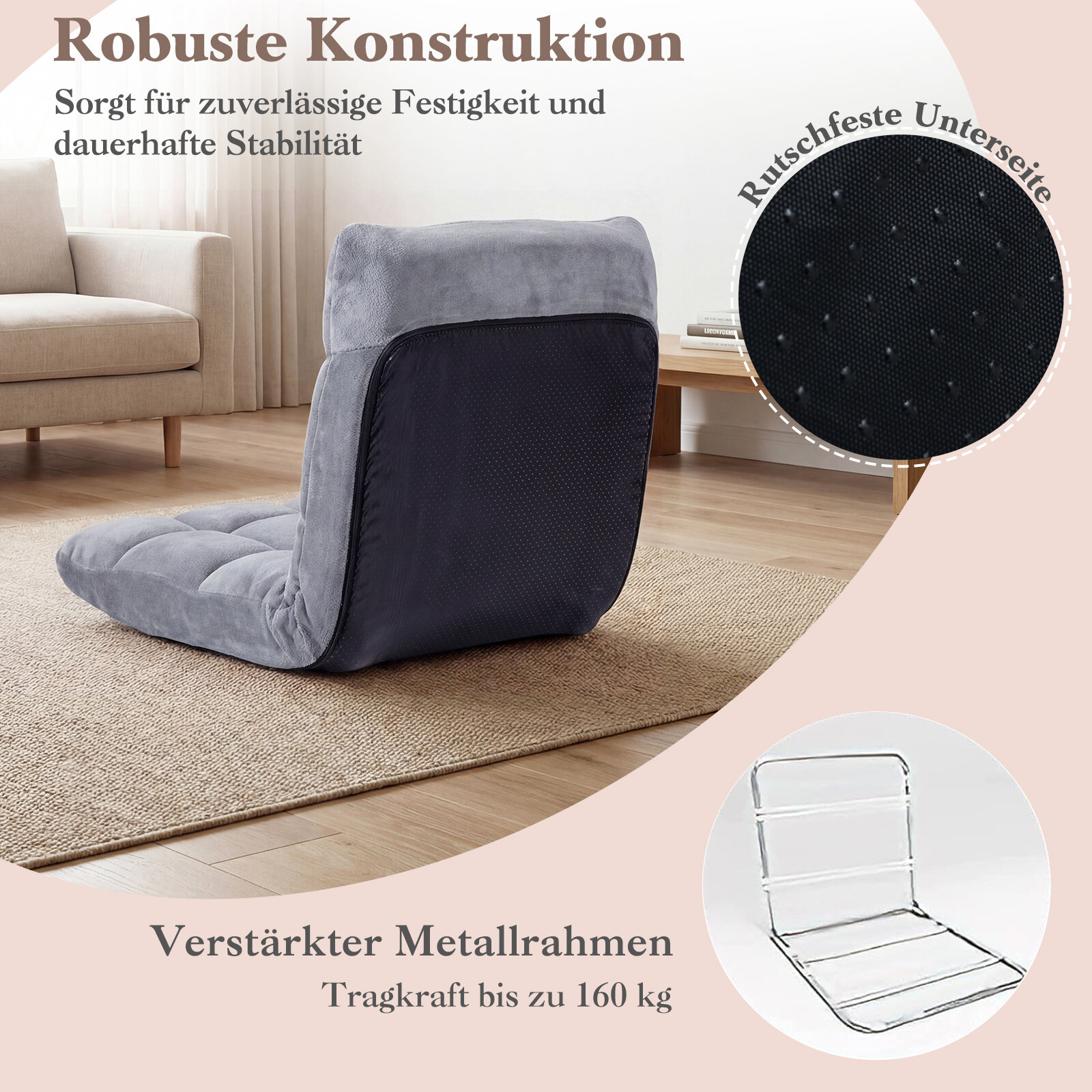 Kokkupandav põrandatool/tugitool reguleeritava seljatoe ja kõrgtihedusega porolooniga, 66,5 x 53 x 53 cm, hall