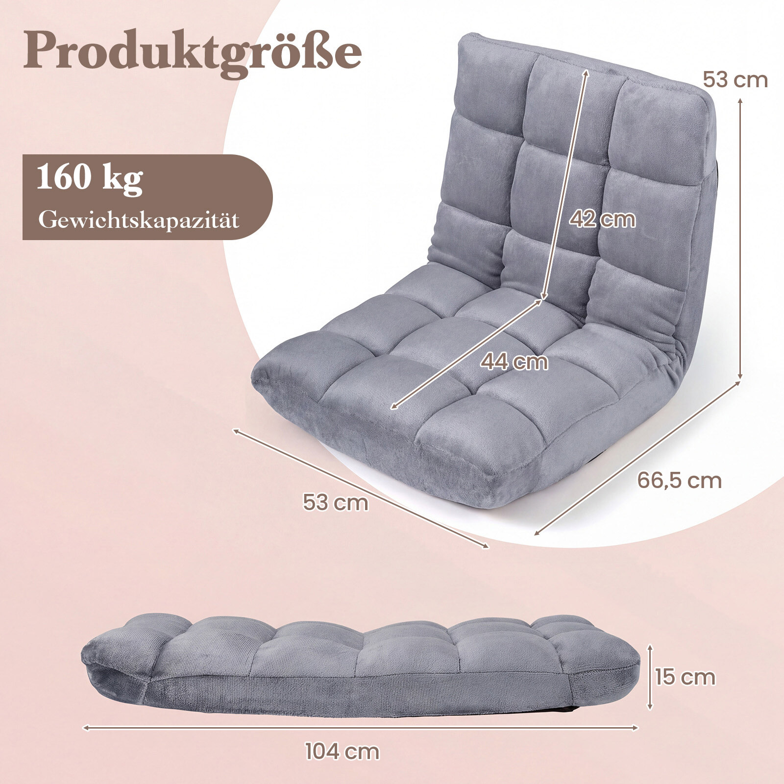Kokkupandav põrandatool/tugitool reguleeritava seljatoe ja kõrgtihedusega porolooniga, 66,5 x 53 x 53 cm, hall