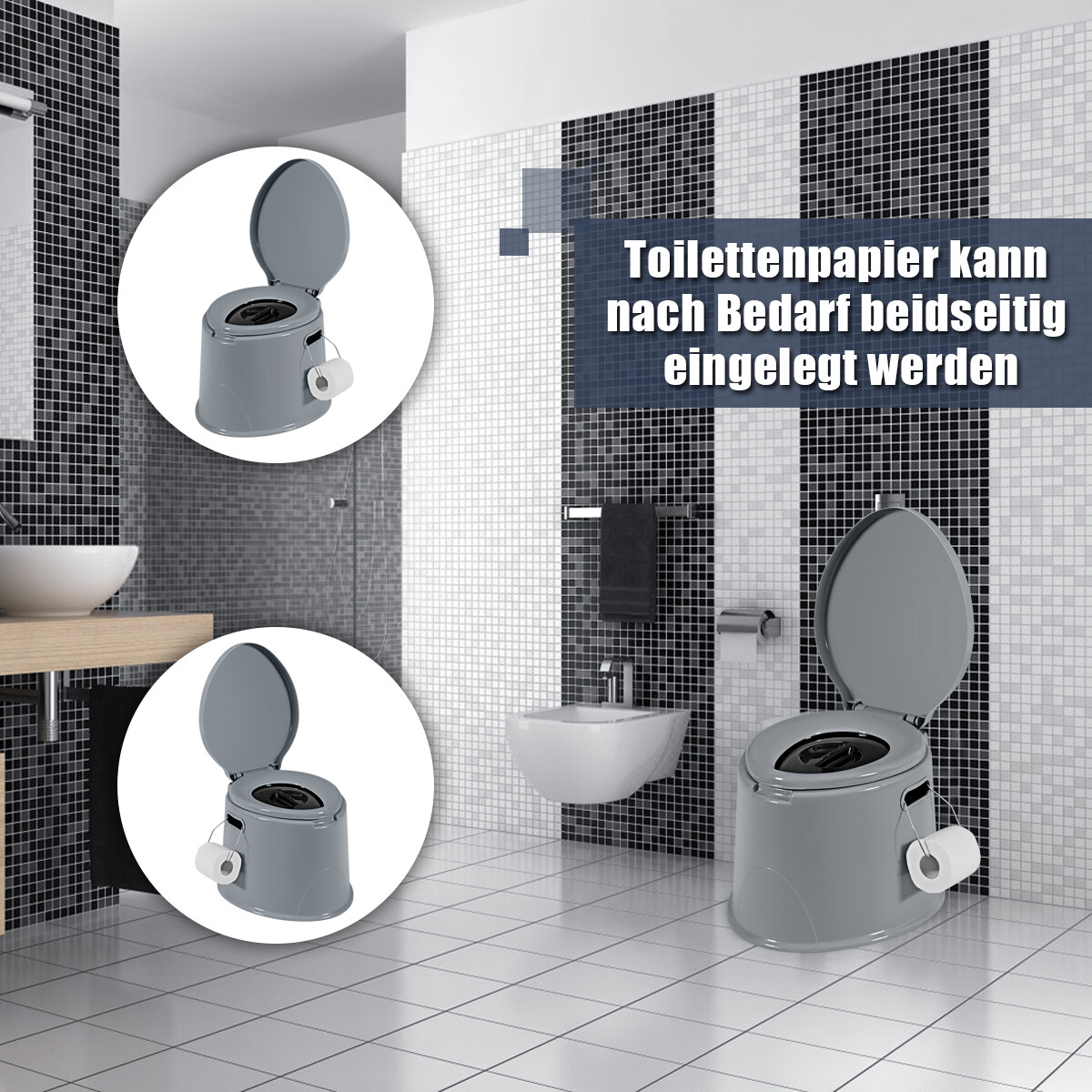 Matkatualett, kaasaskantav, reisitualett, mobiilne tualett eemaldatava ämbrisisuga, hall