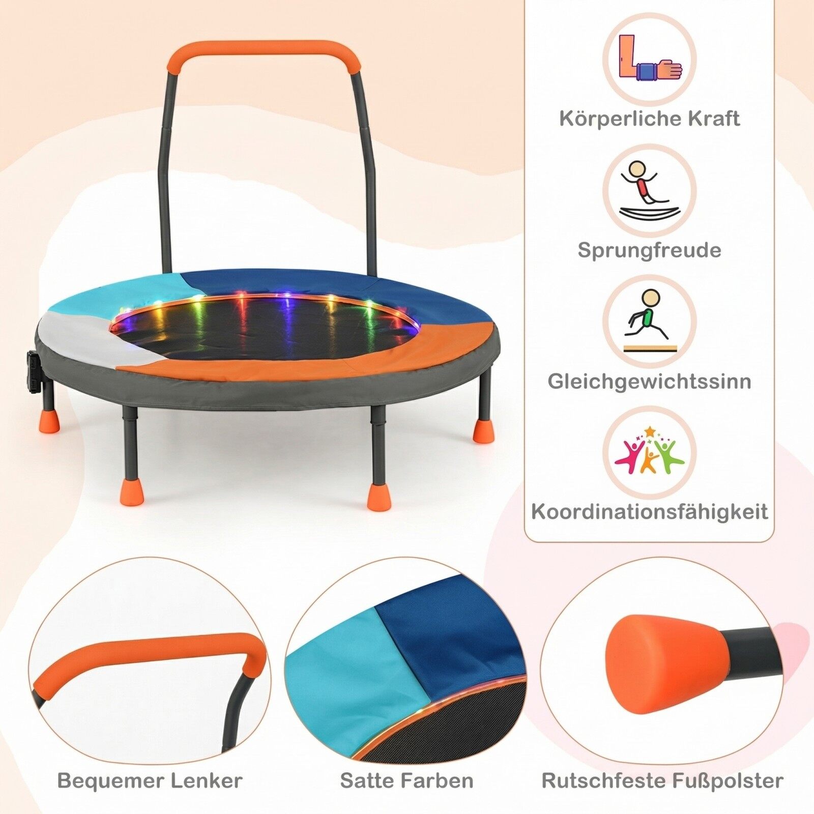 Ø90 cm laste batuut LED-valgustuse, käepideme ja kandekotiga, minibatuut, tumesinine