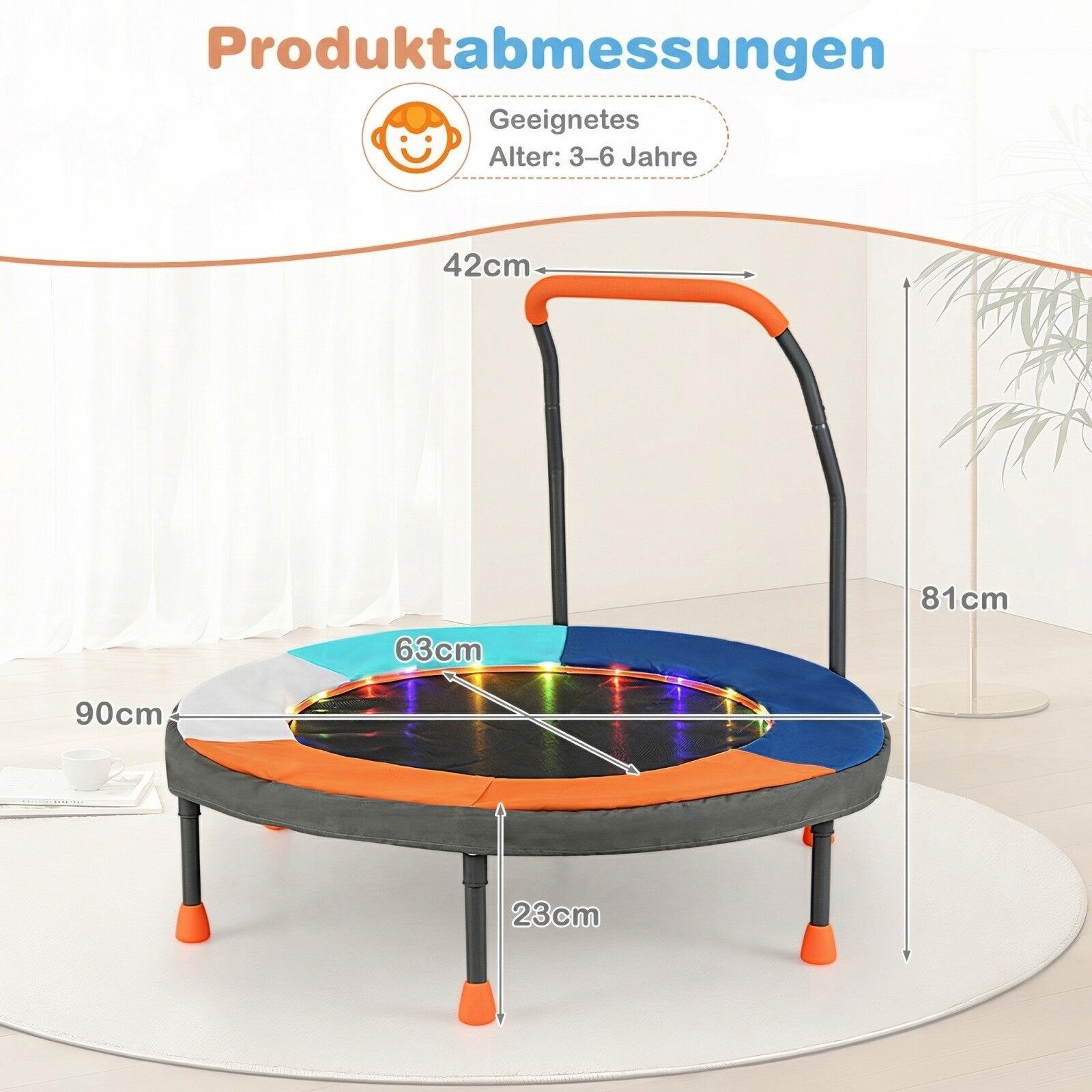 Ø90 cm laste batuut LED-valgustuse, käepideme ja kandekotiga, minibatuut, tumesinine