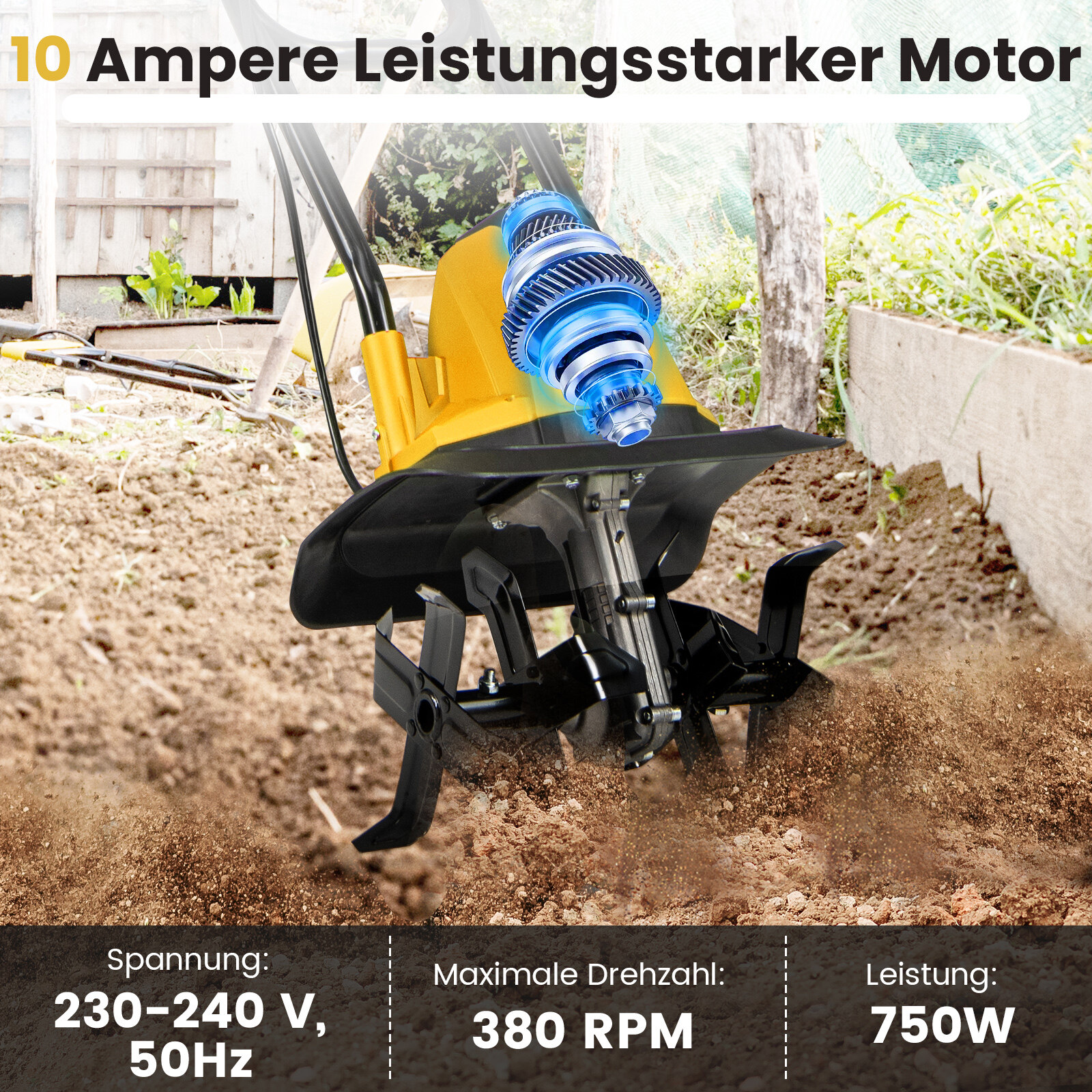Elektriline mullafrees 750 W | Töölaius 32 cm | Töösügavus 22 cm | 380 p/min. Elektriline mullafrees kaitselülitiga 32,5 x 24 x 138 cm. Kollane.