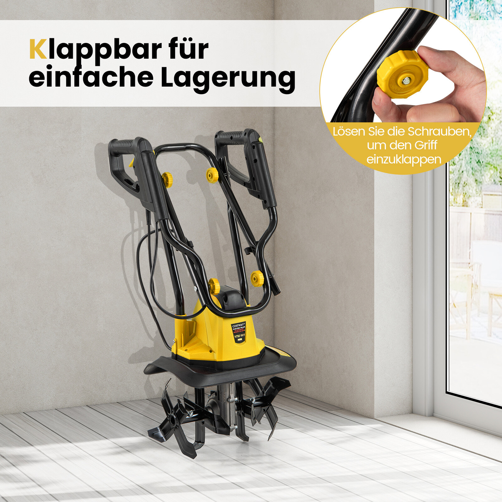 Elektriline mullafrees 750 W | Töölaius 32 cm | Töösügavus 22 cm | 380 p/min. Elektriline mullafrees kaitselülitiga 32,5 x 24 x 138 cm. Kollane.