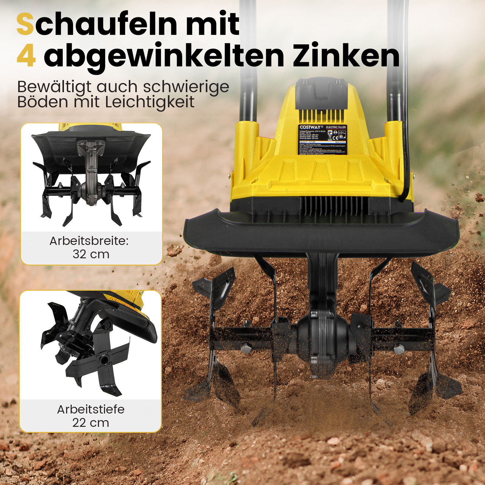 Elektriline mullafrees 750 W | Töölaius 32 cm | Töösügavus 22 cm | 380 p/min. Elektriline mullafrees kaitselülitiga 32,5 x 24 x 138 cm. Kollane.