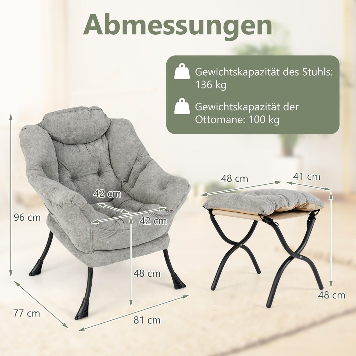 Ülisuur Sherpa Lounge'i tugitool kokkupandava jalatoe ja küljetaskutega – hall