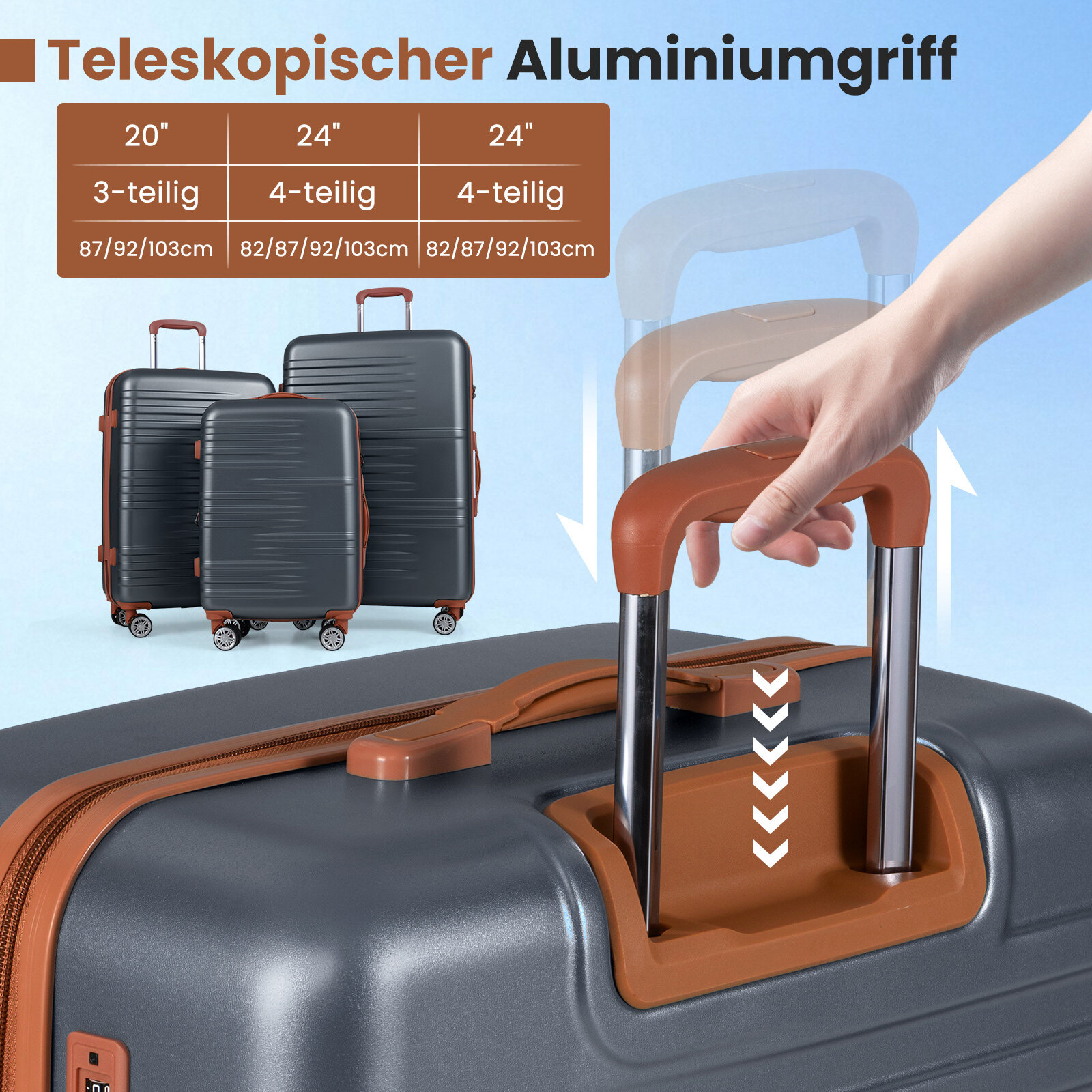 3-osaline kõva kestaga kohvrikomplekt TSA lukuga, teleskoop-alumiiniumkäepideme ja 4 rattaga, hall