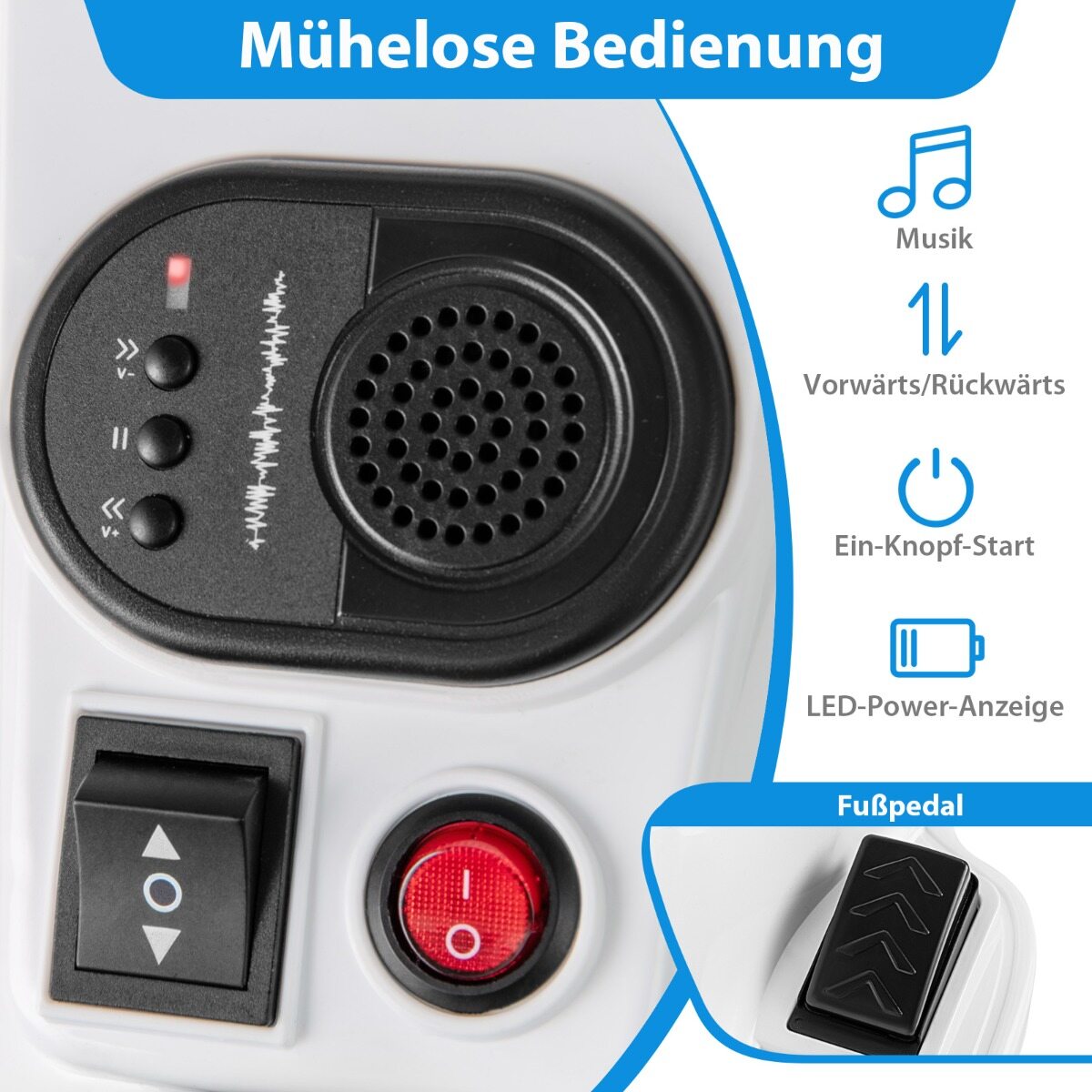 Laste elektrimootorratas muusika, LED-tulede ja treeningratastega, elektrimootorratas lastele alates 3. eluaastast, sinine