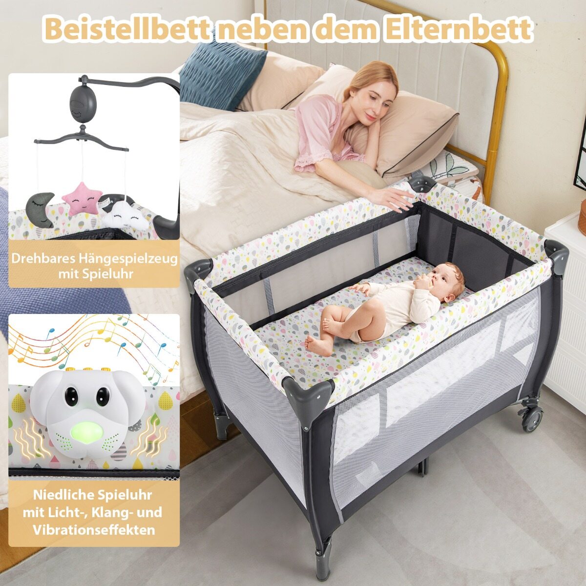 3-ühes kokkupandav öökapp madratsiga, rippuv mänguasi, muusikakarp, värviline