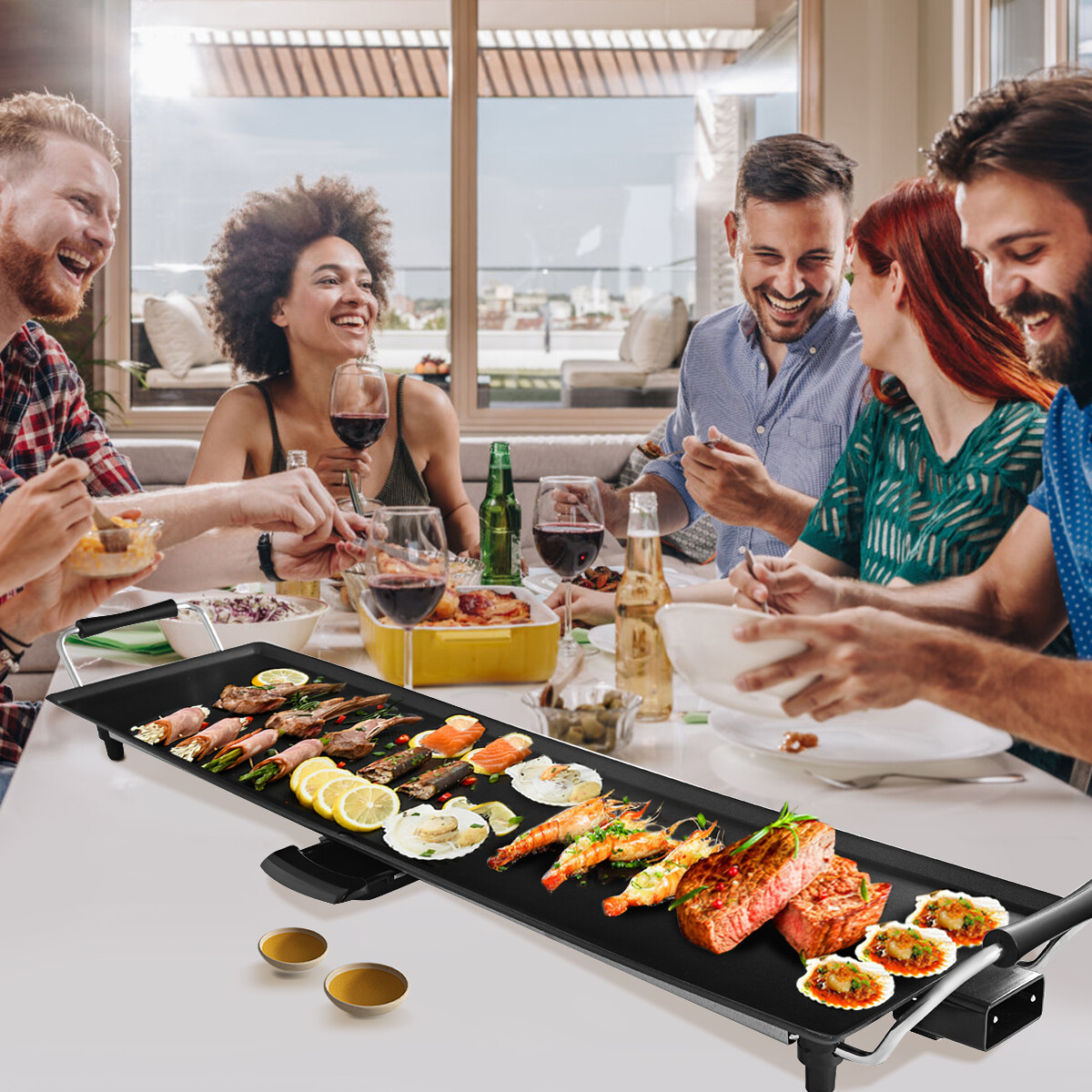 1800 W elektriline grillpann siseruumidesse, BBQ, reguleeritava temperatuuriga, 90 x 23 cm, must