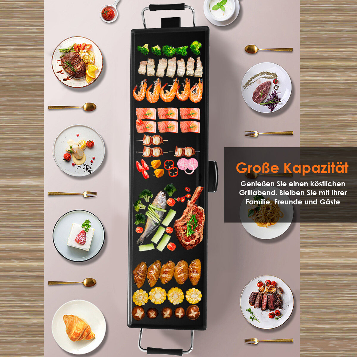 1800 W elektriline grillpann siseruumidesse, BBQ, reguleeritava temperatuuriga, 90 x 23 cm, must