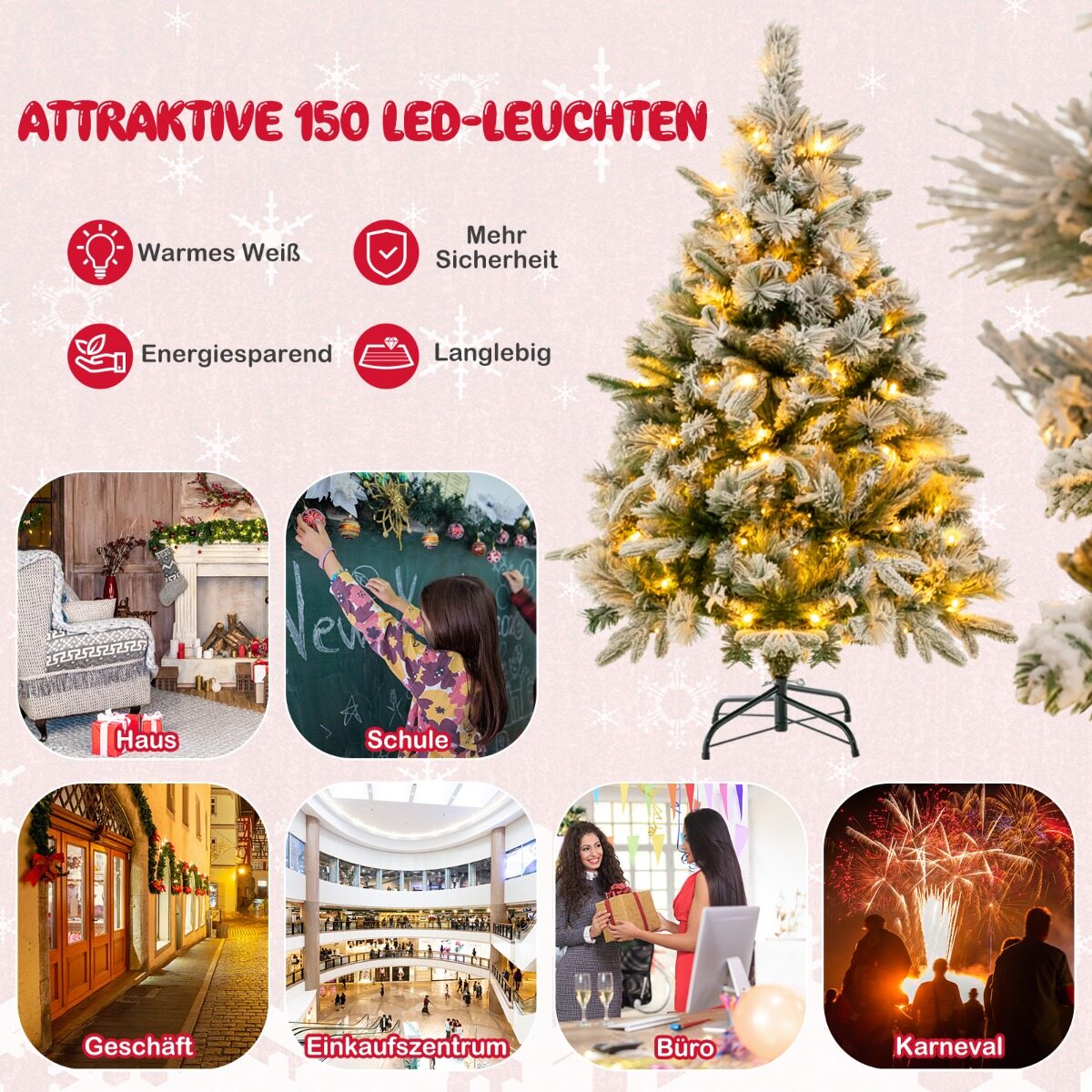 136 cm kunstkuusk lume ja 150 sooja valge LED-tulega, roheline