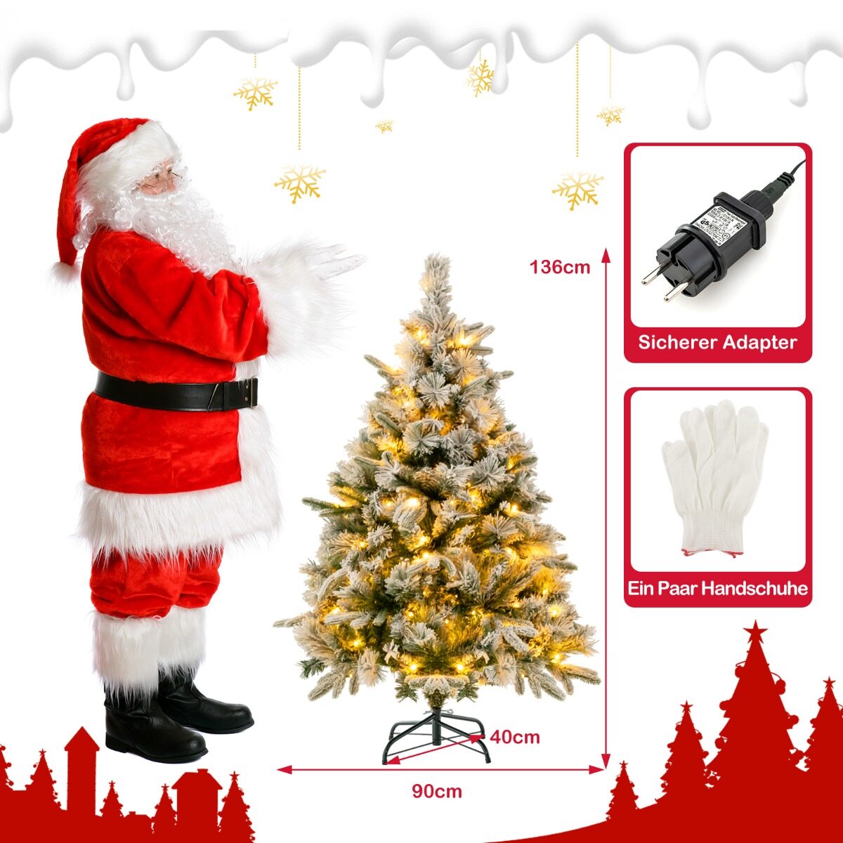 136 cm kunstkuusk lume ja 150 sooja valge LED-tulega, roheline