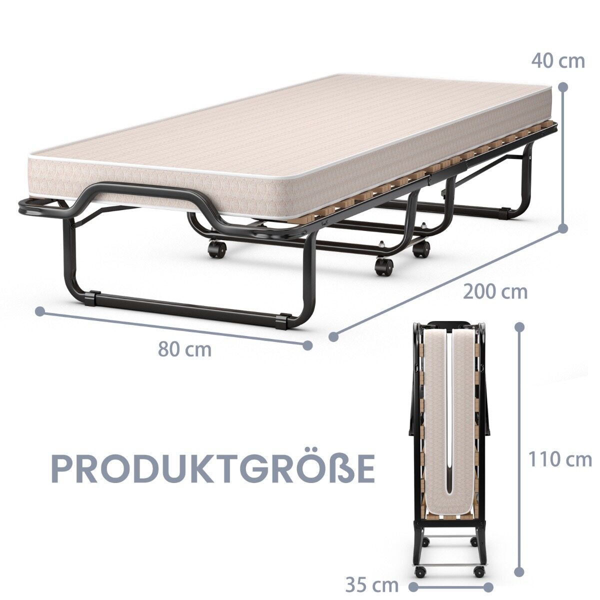 Kokkupandav voodi poroloonmadratsi ja tugeva metallraamiga 200 x 80 x 40 cm, beež, valmistatud Itaalias