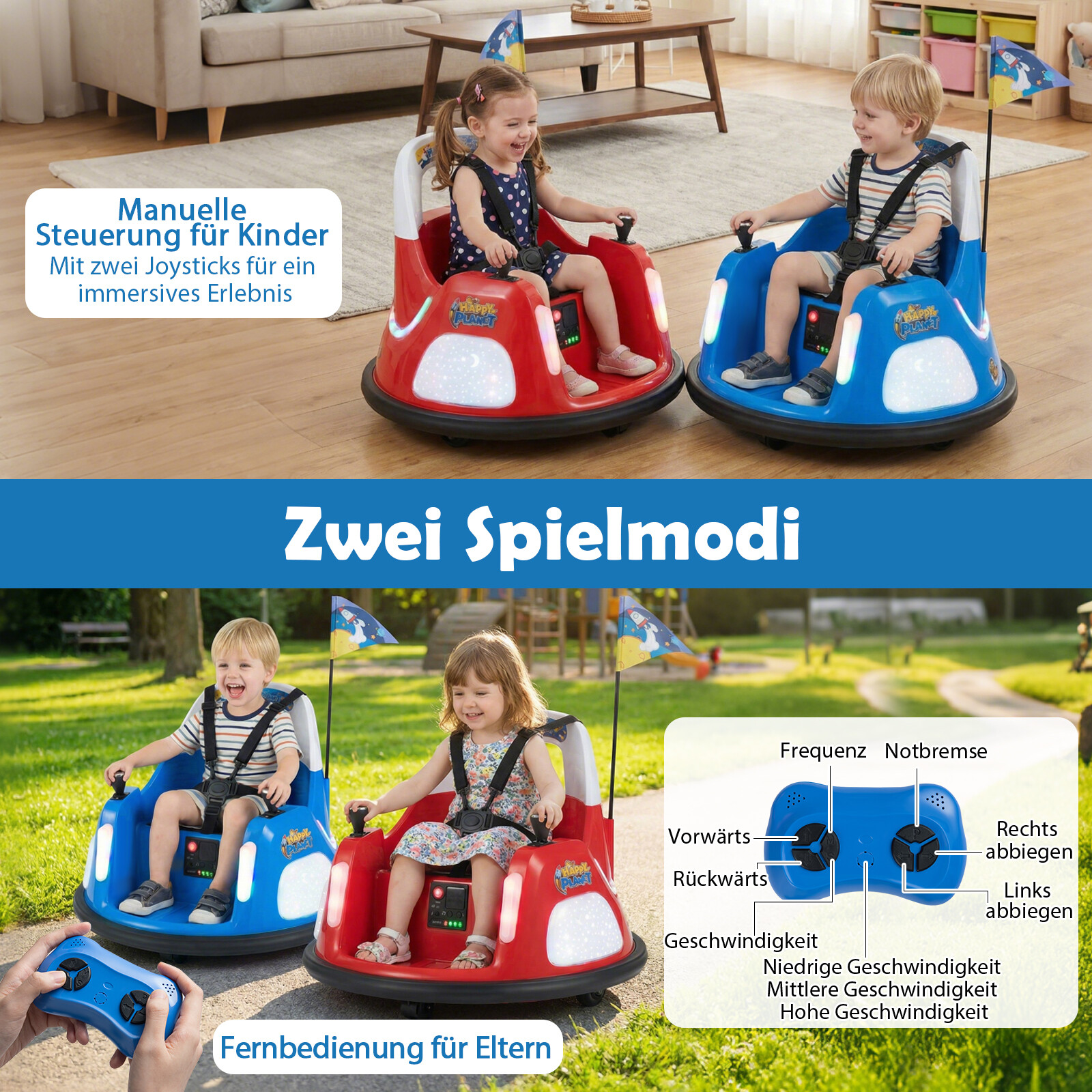 12 V laste elektriline põrkeauto, akutoitel töötav sõiduk vilkuvate tulede ja puldiga, sinine