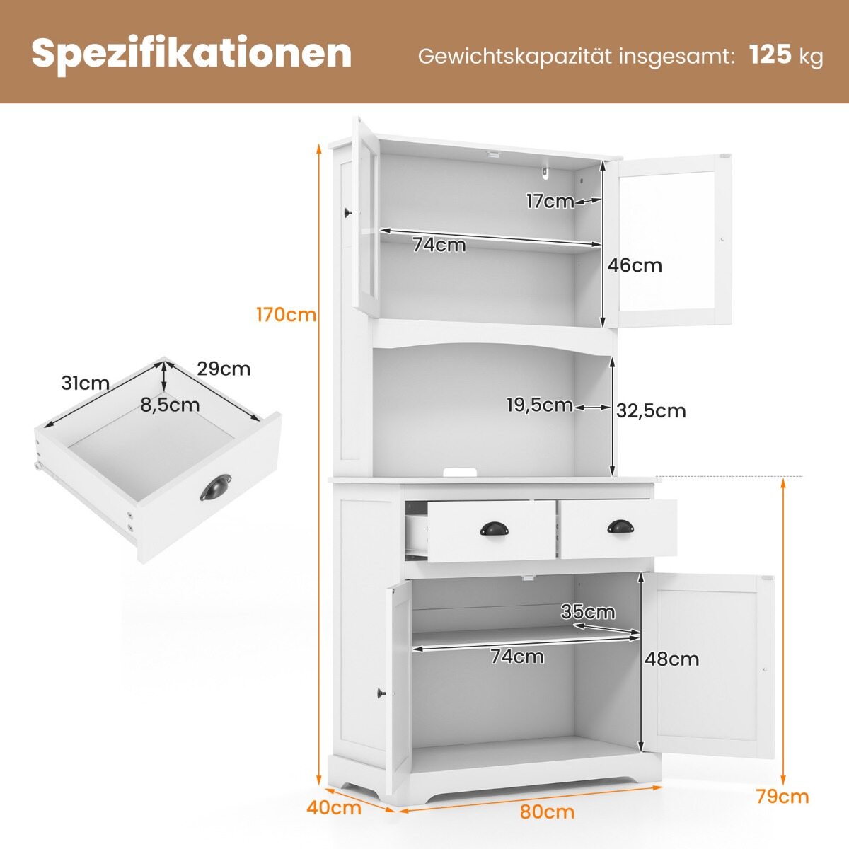 170 cm köögikapp vaheseinaga, 4 uksega eraldiseisev kapp karastatud klaasist ustega, 3 reguleeritavat riiulit, 2 sahtlit, valge
