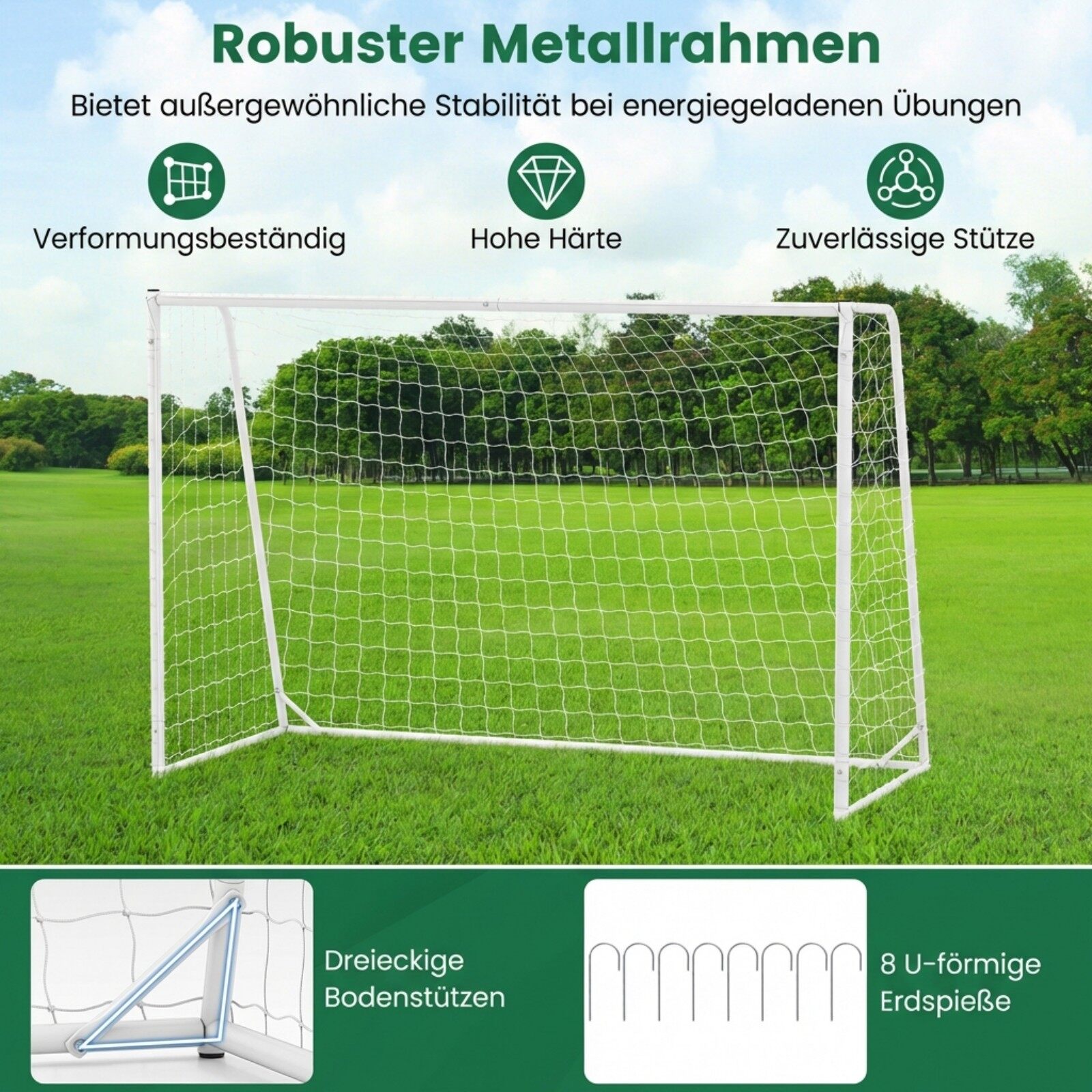 Jalgpallivärav vastupidava metallraami ja PE-võrguga 300 x 204 cm Valge jalgpallivärav