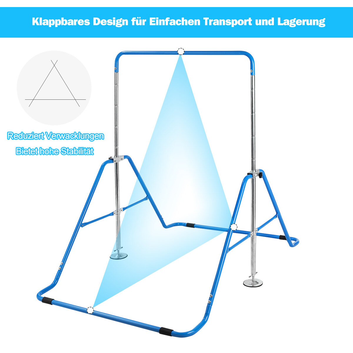 Laste võimlemiskang, reguleeritava kõrgusega, horisontaalne kang 90-130 cm, kokkupandav, sinine